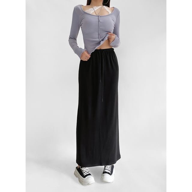 Ulark-Drawstring Waist Plain Midi H-Line Skirt