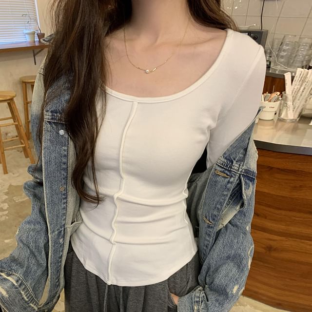 Asiris-Long-Sleeve Scoop Neck Plain Tee