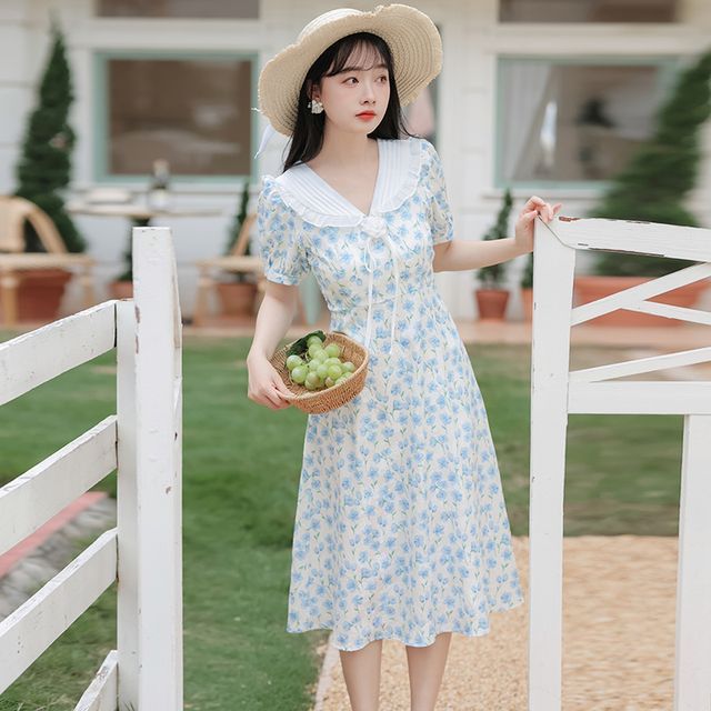 RAIN DEER - Short-Sleeve Collared Floral Print Midi A-Line Dress | YesStyle