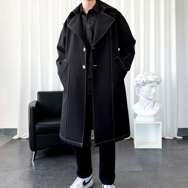 Malnia Home-Plain Contrast Stitching Midi Single-Breasted Coat