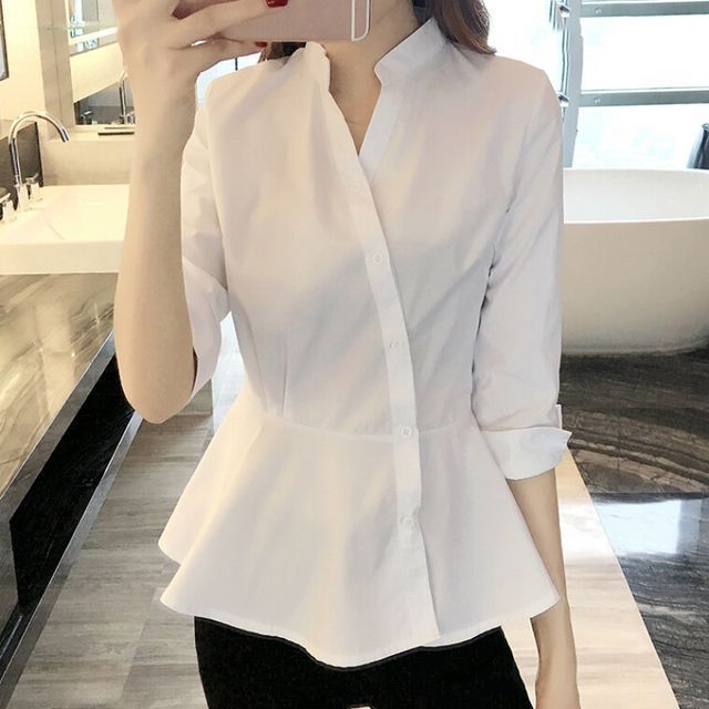 Happo-Elbow-Sleeve Stand Collar Plain Button-Up Peplum Blouse