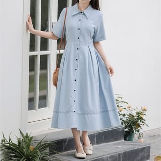 Acoustic Rain Short-Sleeve Plain Contrast Stitching Midi Shirt Dress Sale