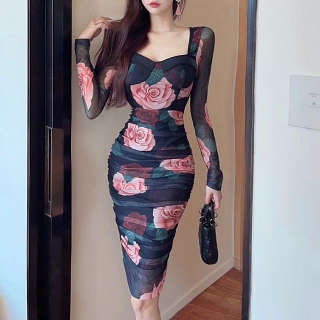 Long-Sleeve Square Neck Floral Print Ruched Mini Bodycon Dress Long-Sleeve Square Neck Floral Print Ruched Mini Bodycon Dress