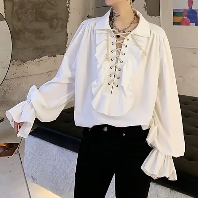 JUN-LEE-Puff-Sleeve Plain Ruffle Lace-Up Shirt