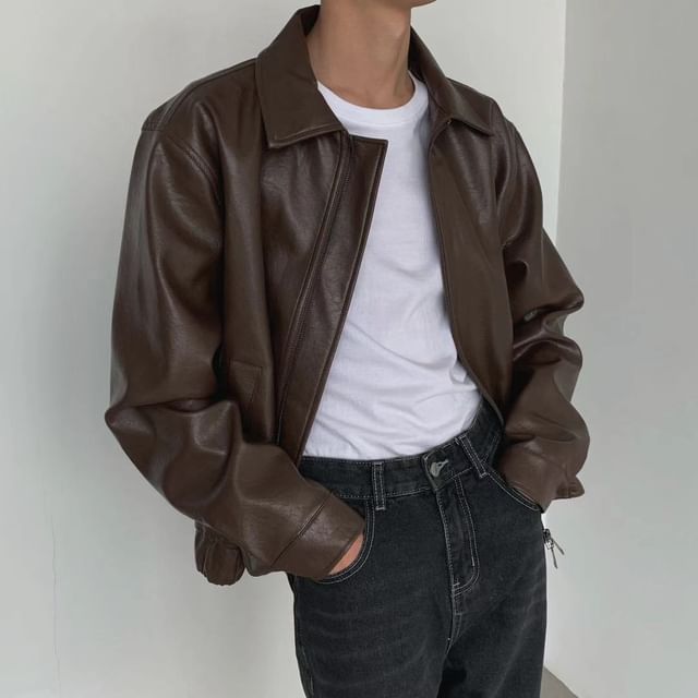 Macho-Collared Plain Zip-Up Faux Leather Jacket