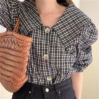 Everose-Short-Sleeve Collared Plaid Blouse