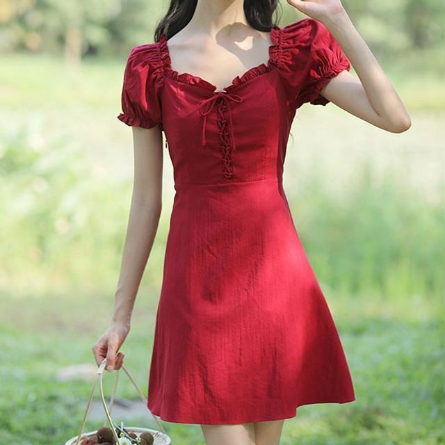 Chaufier - Puff-Sleeve Plain Lace-Up Mini A-Line Dress | YesStyle