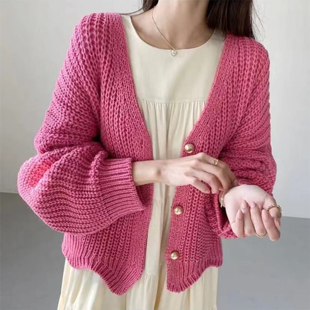HYAKU-V-Neck Plain Chunky Knit Cardigan