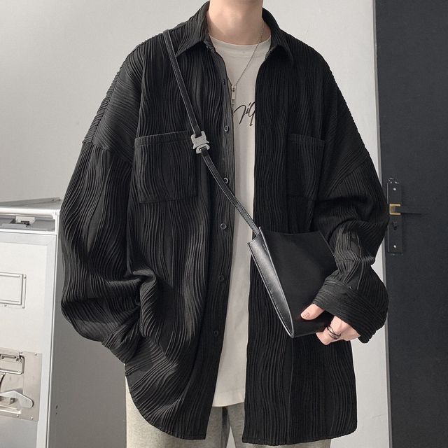 Nightbell-Long-Sleeve Plain Shirred Button-Up Shirt