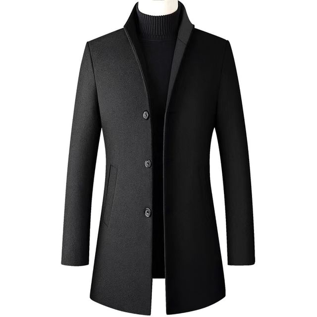 FORSETI-Stand Collar Plain Button-Up Coat