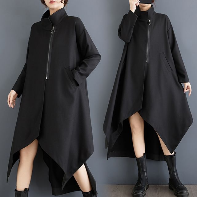 Lewwe-Stand Collar Plain High-Low Zip Coat