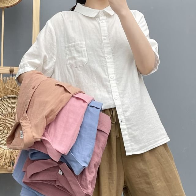 PANDAGO-Short Sleeve Lapel Collar Plain Button Up Shirt