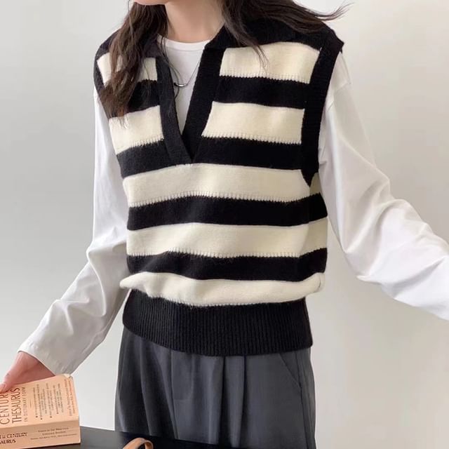 Odestra-Collared Open Placket Striped Sweater Vest