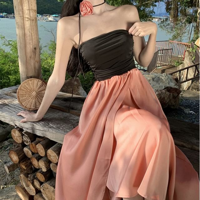 Juuri-Strapless Two Tone Asymmetrical Maxi A-Line Dress