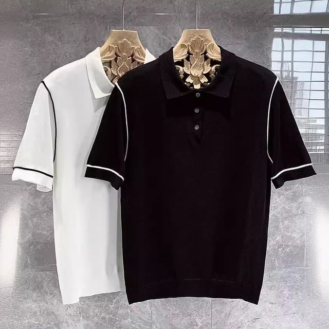 GRAYCIOUS-Short Sleeve Contrast Trim Knit Polo Top