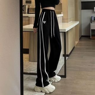 Rosesand High Waist Heart Embroidered Striped Straight-Fit Wide-Leg Sweatpants Sale