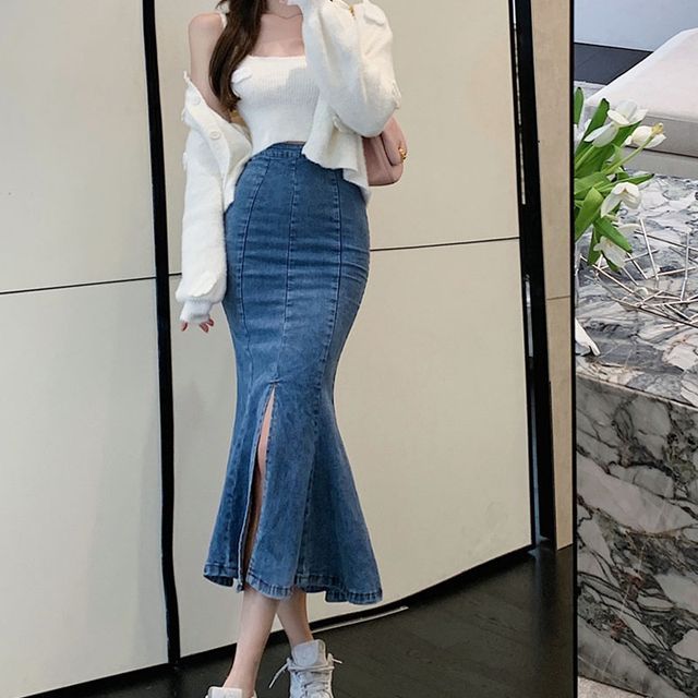 WOW!NITE - Slit Denim Midi Mermaid Skirt | YesStyle