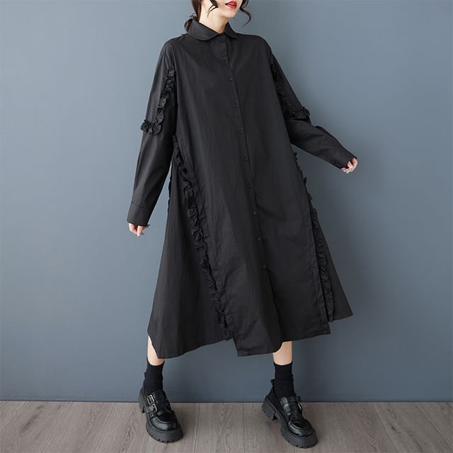 Lewwe-Long-Sleeve Collared Asymmetrical Frill Trim Button-Up Plain Midi Tunic Dress