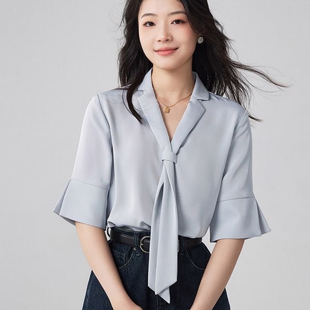 INEN-Elbow Sleeve Collared Plain Blouse