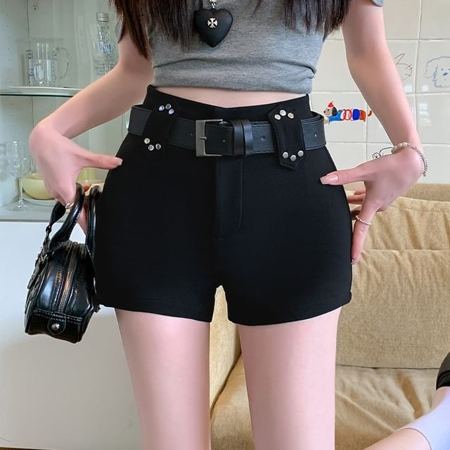 Sienne-High Waist Plain Studded Hot Pants