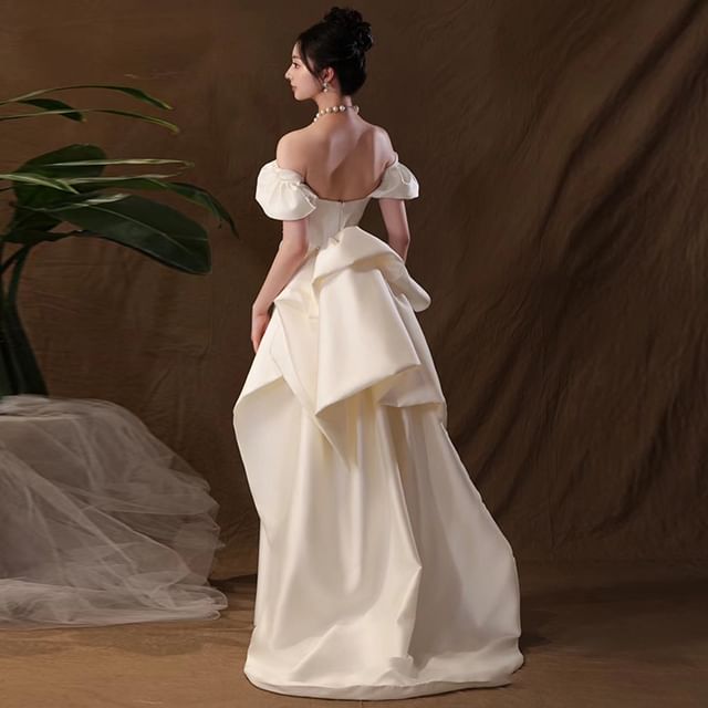 Daintonie - Off-Shoulder Puff-Sleeve Bow Back A-Line Wedding Gown | YesStyle