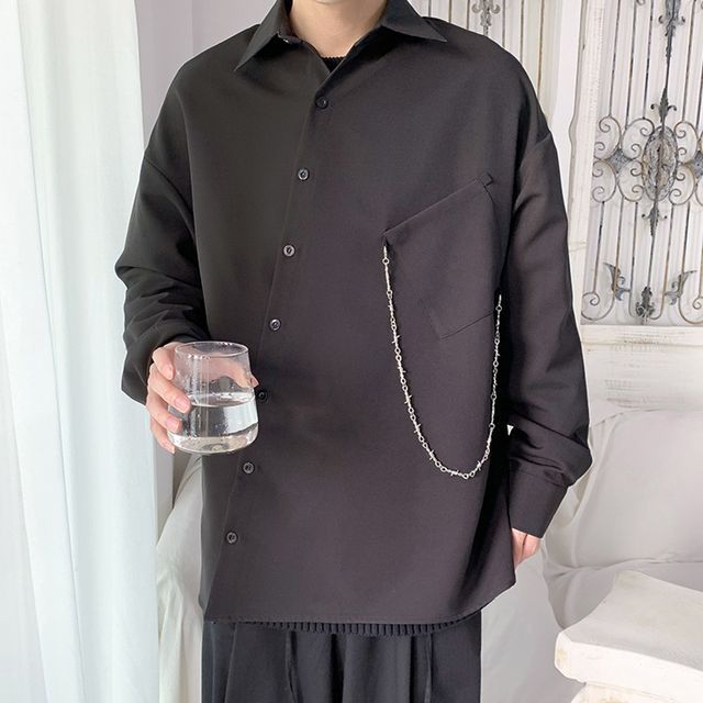 Posive - Long-Sleeve Asymmetrical Button-Up Shirt | YesStyle