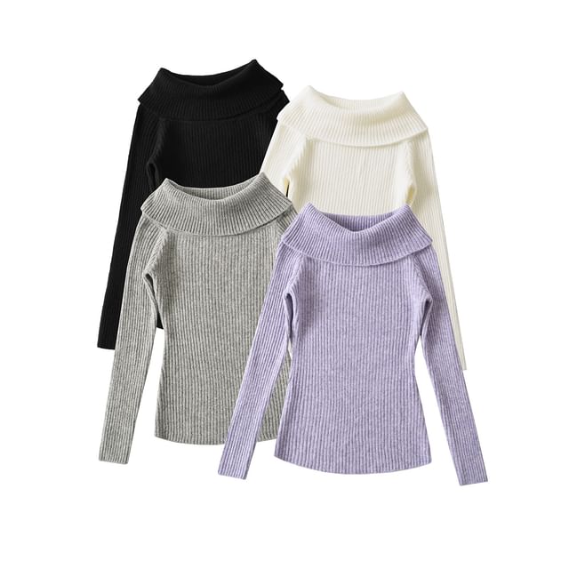 Asiris-Off-Shoulder Long-Sleeve Plain Ribbed Knit Top