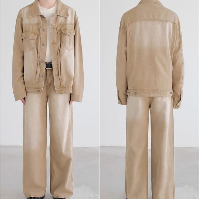 DAZO Studios-Washed Pocket Detail Denim Single-Breasted Jacket Mid Rise Wide Leg Jeans