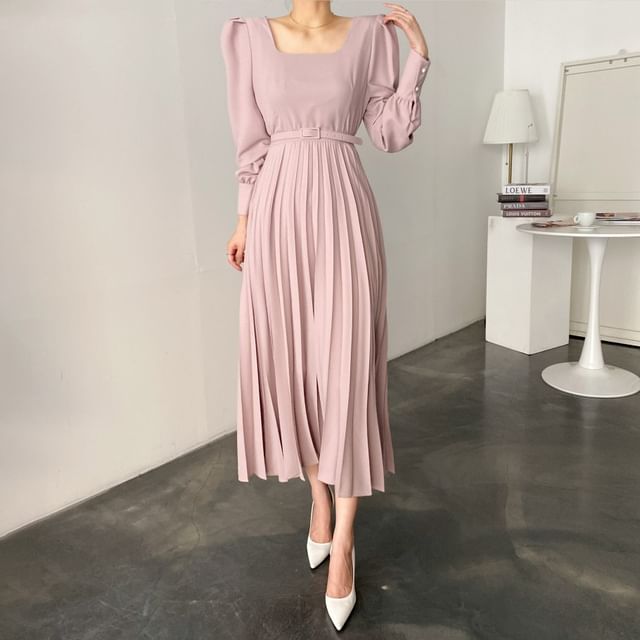 Tulstrix - Puff Sleeve Square Neck Plain Pleated Belted Midi A-Line Dress |  YesStyle
