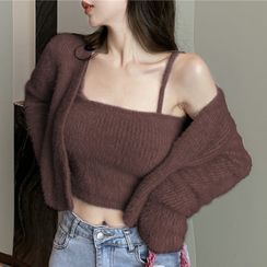 NENE - Set: Crop Cardigan + Knit Camisole Top