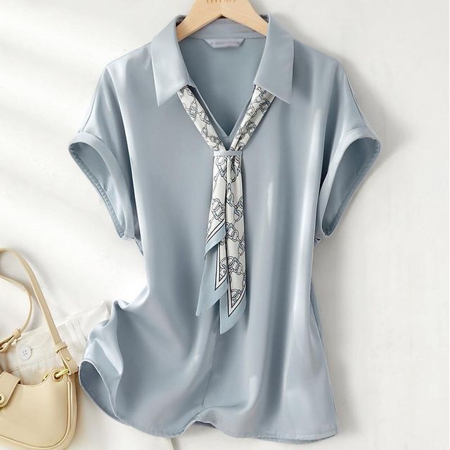 Jeonseon-Short-Sleeve Collared Neckerchief Accent Plain Blouse
