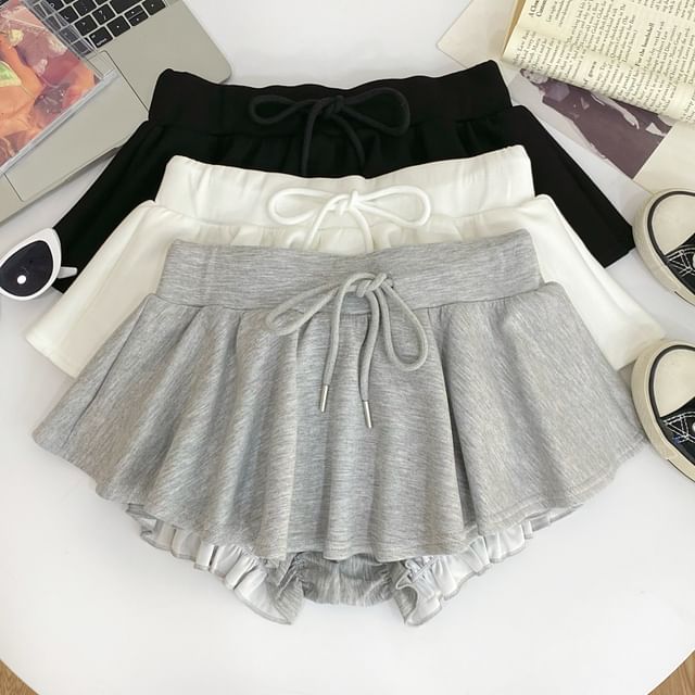 Iasia-Drawstring Waist Plain Mini A-Line Skort