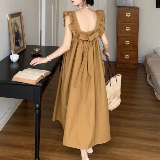 Shinsei-Cap-Sleeve Square Neck Plain Open Back Ruffle Trim Midi A-Line Dress