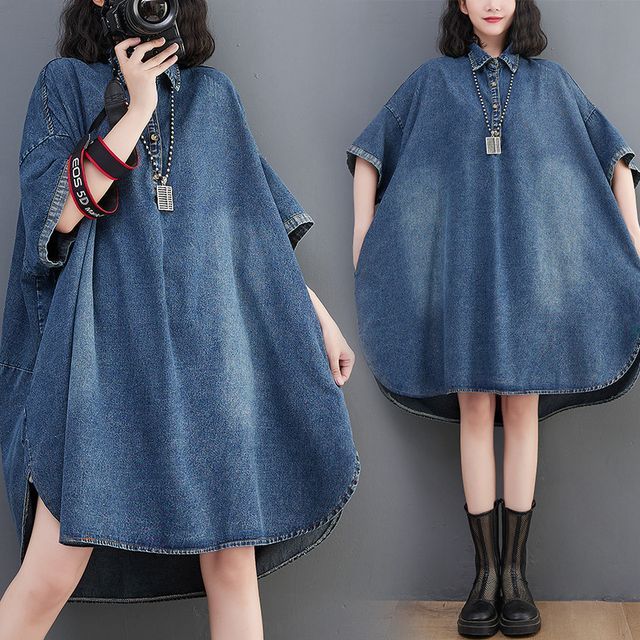 Lewwe-Elbow-Sleeve Collared Washed Half-Button Dip-Back Midi A-Line Denim Dress