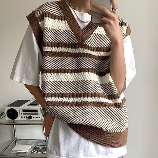 Urtishia-V-Neck Striped Sweater Vest