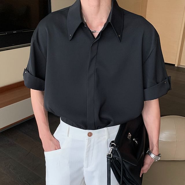 Nahagin-Short-Sleeve Plain Button-Up Shirt