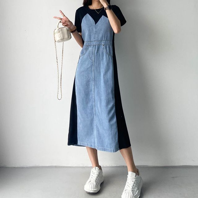 Joyage - Short-Sleeve Two Tone Denim A-Line Dress (Various Designs) | YesStyle Joyage - Short-Sleeve Two Tone Denim A-Line Dress (Various Designs) | YesStyle