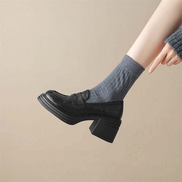 Anran-Platform Block Heel Penny Loafer Pumps