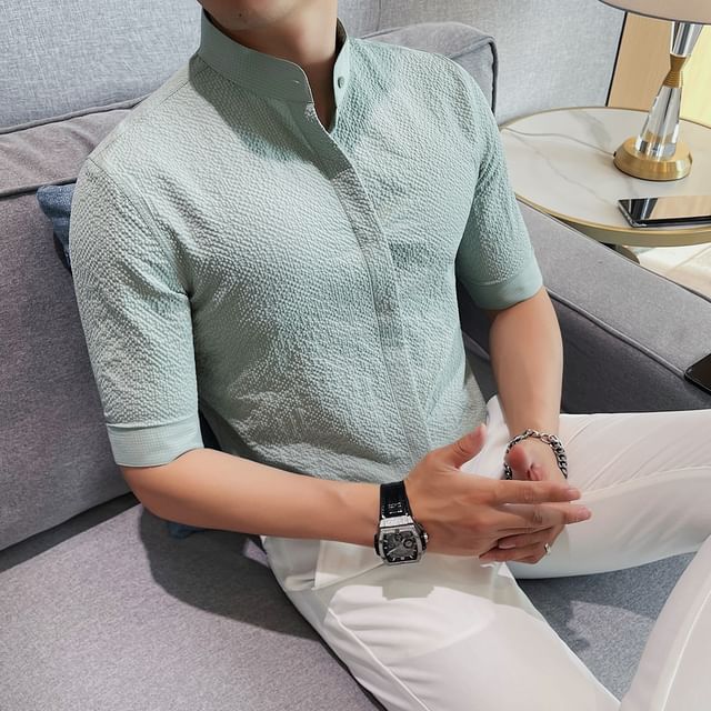 Zentrus-Short Sleeve Mandarin Collar Plain Shirt