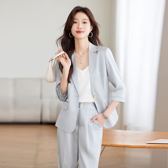 Skyheart-Lapel Collar Plain Single Button Blazer Mid Waist Plain Wide Leg Suit Pants Set