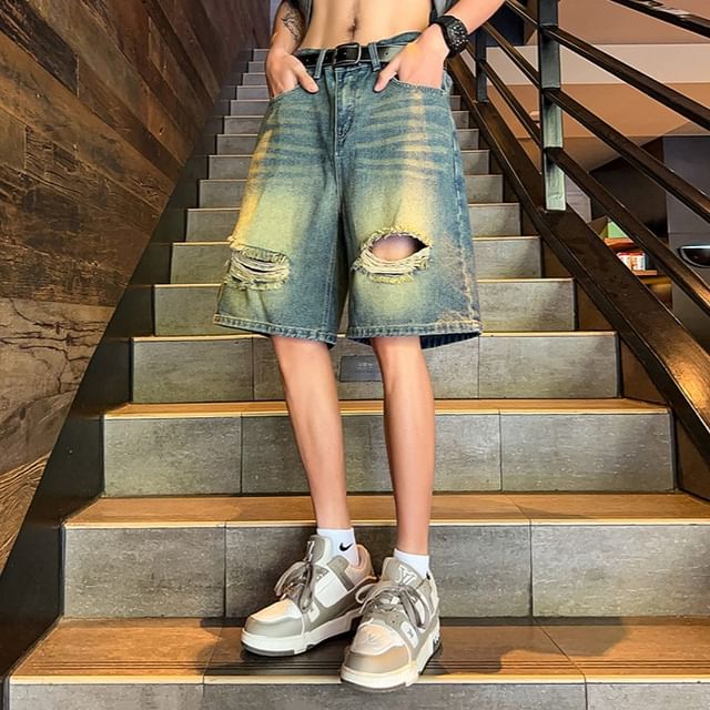 POSI-Mid Rise Distressed Denim Shorts