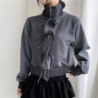 PINPI-Stand Collar Two Tone Bowknot Zip Jacket