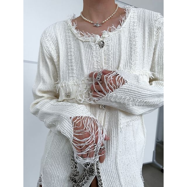 Nahagin-Crew Neck Plain Fringe Button Knit Jacket