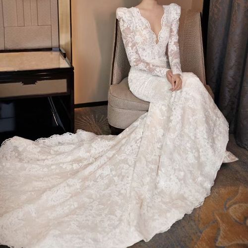 Stylish White Floral Lace Mermaid Bridal Dresses Long Sleeves V-Neck S —  Bridelily