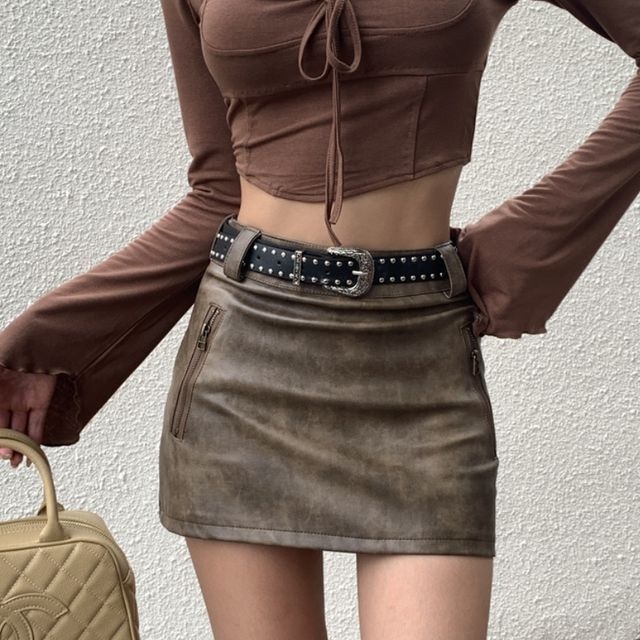 Manicotto High Waist Faux Leather Mini Pencil Skirt Studded