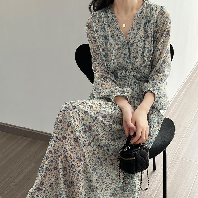 yesstyle midi dress Egsy - Spaghetti Strap Scoop Neck Floral Midi A-Line Dress