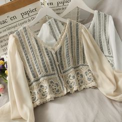 Lemongrass - Patchwork Chiffon-Sleeve Knitted Crop Top Lemongrass - Patchwork Chiffon-Sleeve Knitted Crop Top