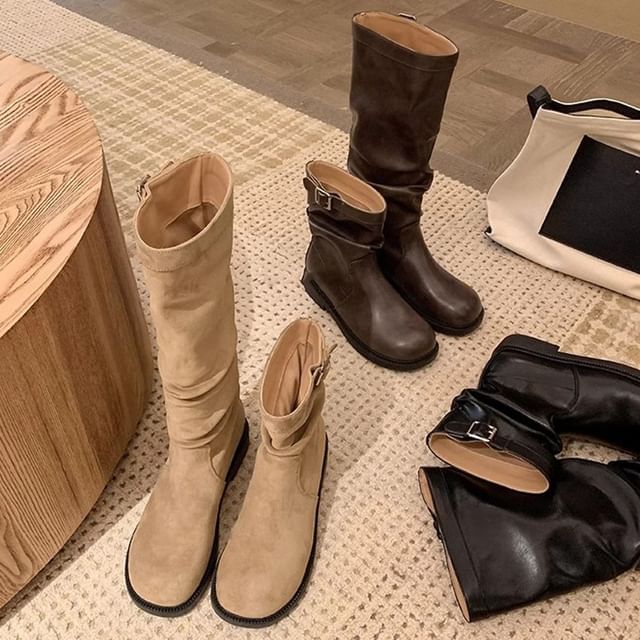 FRAISO-Plain Buckled Mid Calf Boots Tall Boots