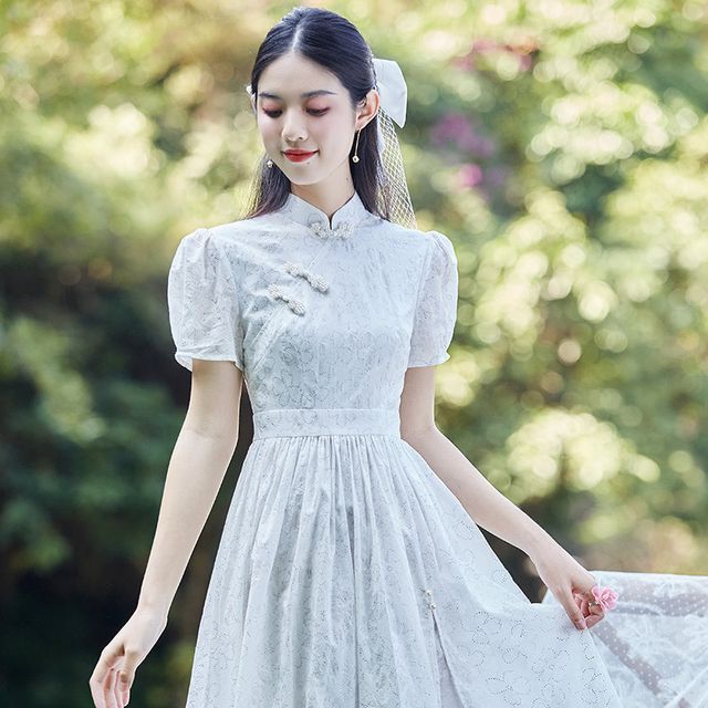 Ozipan - Mandarin Collar Midi A-Line Dress | YesStyle Ozipan - Mandarin Collar Midi A-Line Dress | YesStyle