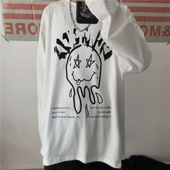 Porstina - Cartoon Lettering Long-Sleeve Round Neck T-Shirt Porstina - Cartoon Lettering Long-Sleeve Round Neck T-Shirt